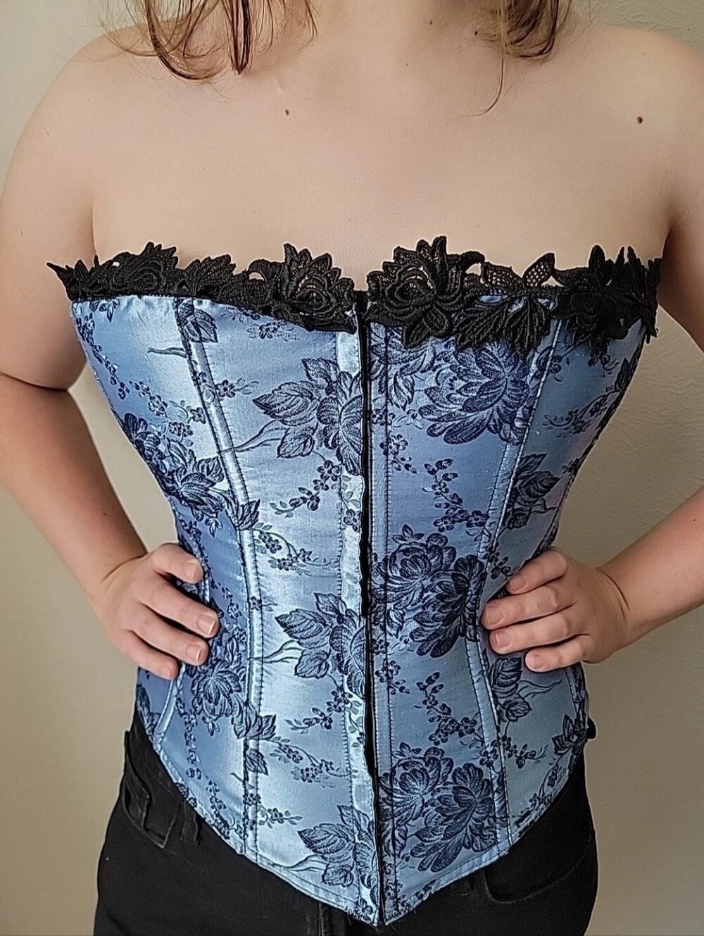 Empire Intimates Blue Floral Satin Corset with Black Lace Trim
